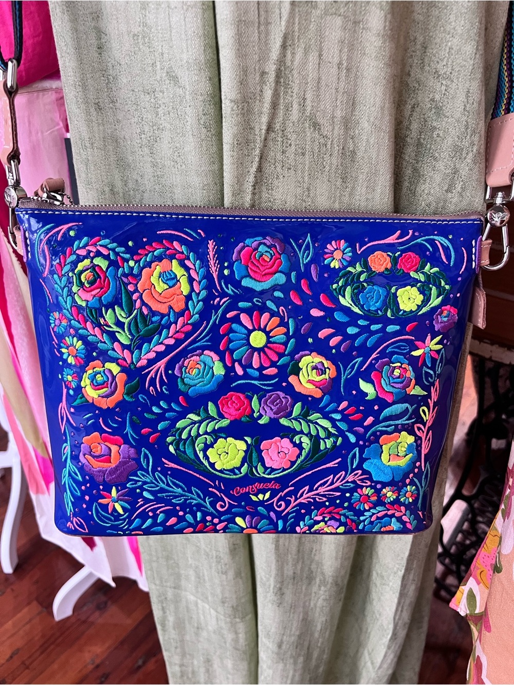 Consuela Navy Floral Embroidered Crossbody with Multicolor Accents